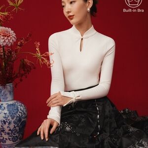 OGL Mandarin Collar Frog Button Brami Top Limited Edition Built-in Bra Off White